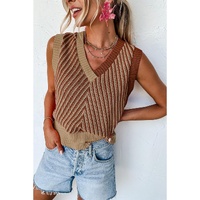 Light French Beige Contrast Chevron Knit V Neck Sweater Vest - M thumbnail