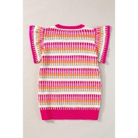 Rose Red Multicolor Flutter Sleeve Knitted Sweater Top - XL thumbnail