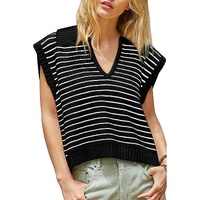 Black Stripe Turn-down V Neck Sweater Tank Top - S thumbnail