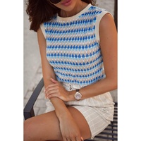 Sky Blue Stripe Geometric Print Round Neck Slim Fit Sweater Vest - M thumbnail