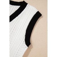 White Contrast Trim Eyelet Knit Colorblock V Neck Sweater Vest - XL thumbnail
