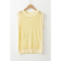 Yellow Solid Color Hollowed Knit Round Neck Sweater Vest - M thumbnail
