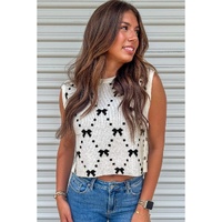 White Bow Pattern Buttoned Side Cropped Sweater Vest - L thumbnail