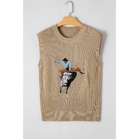 Parchment Western Cowboy Embroidery Round Neck Sleeveless Sweater - M thumbnail