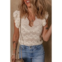 Beige Embroidered Patchwork Hollow Out Knitted Ruffle Sweater Vest - L thumbnail