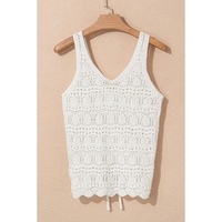 Beige Trendy Hollowed Knit V Neck Drawstring Sweater Vest - M thumbnail