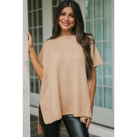 Apricot Short Sleeve Side Slit Oversized Sweater - S thumbnail