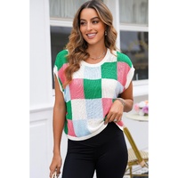 Dark Green Color Block Cap Sleeve Sweater - S thumbnail