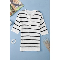 White Stripe Henley Buttoned Placket Drop Shoulder Bracelet Sleeve Knit Sweater Tee - L thumbnail