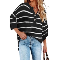 Black Stripe Henley Buttoned Placket Drop Shoulder Bracelet Sleeve Knit Sweater Tee - S thumbnail