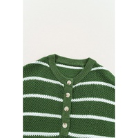 Green Stripe Henley Buttoned Placket Drop Shoulder Bracelet Sleeve Knit Sweater Tee - M thumbnail