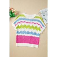 White Colorblock Crochet Knit Ruffled Short Sleeve Sweater Top - L thumbnail