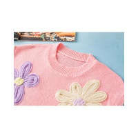 Pink Multi Crochet Flower Knit Short Sleeve Sweater Top - M thumbnail