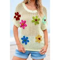 White Crochet Flower Hollow-out Sweater T Shirt - L thumbnail