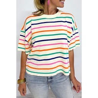Beige Stripe Dropped Short Sleeve Boxy Fit Knitted Top - L thumbnail