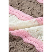 Brown Stripe Color Block Hollow Out Crochet Half Sleeve Sweater - L thumbnail