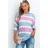 Purple Stripe Color Block Hollow Out Crochet Half Sleeve Sweater - L thumbnail