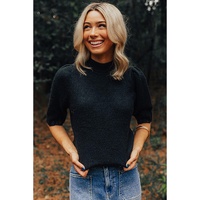 Black Knotted Keyhole Nape Short Sleeve Knit Sweater - M thumbnail