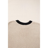 Light French Beige Contrast Trim Round Neck Batwing Sleeve Sweater Top - S thumbnail