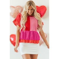 Tomato Red Mix Knitted Patchwork Ruffle Trim Loose Sweater - S thumbnail