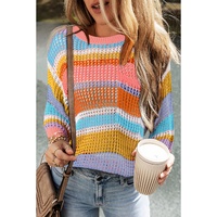 Pink Stripe Colorblock Hollowed Crochet 3/4 Sleeve Sweater - M thumbnail