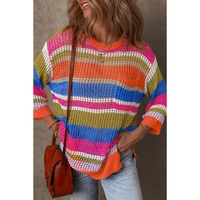 Orange Stripe Colorblock Hollowed Crochet 3/4 Sleeve Sweater - M thumbnail