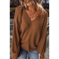 Camel Ribbed Knit Drop Sleeve V Neck Loose Fit Sweater - S thumbnail
