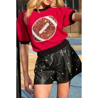 Red Sequin Rugby Color Block Puff Short Sleeve Sweater - M thumbnail
