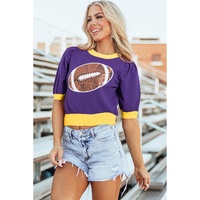 Purple Sequin Rugby Color Block Puff Short Sleeve Sweater - S thumbnail