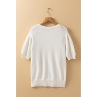 White Multicolor Stitch Detail Cable Knit Short Sleeve Sweater - L thumbnail