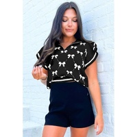 Black Preppy Vibes Bow Print Zipped Collar Sweater Tee - L thumbnail