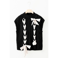 Black Cable Knit Colorblock Satin Bowknot Short Sleeve Sweater - M thumbnail