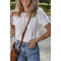 White Pointelle Knit Short Puff Sleeve Crewneck Sweater - M thumbnail