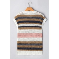 Pink Stripe Color Block Eyelet Knit Short Sleeve Sweater Tee - XL thumbnail