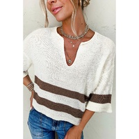Brown Striped Accent Notched V Neck Cropped Sweater T Shirt - M thumbnail