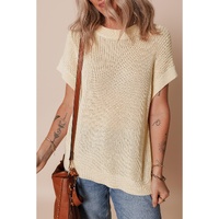 Oatmeal Solid Color Batwing Short Sleeve Round Neck Knit T Shirt - M thumbnail
