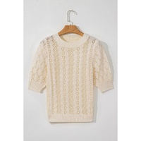 Beige Hollowed Pattern Knit Short Puff Sleeve Sweater - M thumbnail