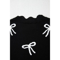 Black Bow Print Side Ties Scalloped Hem Sweater T Shirt - L thumbnail