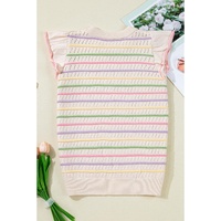 Oatmeal Colorful Striped Eyelet Knit Ruffled Sleeve Sweater T Shirt - L thumbnail