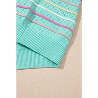 Green Colorful Striped Eyelet Knit Ruffled Sleeve Sweater T Shirt - M thumbnail