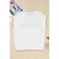 White Knitted YEEHAW Stitch Edge Crew Neck Sweater T Shirt - M thumbnail