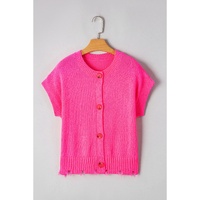 Bright Pink Distressed Hem Short Sleeve Knitted Button Front Sweater - L thumbnail