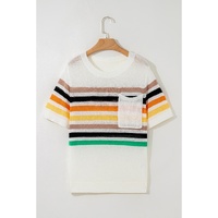 White Striped Pocketed Loose Fit Crewneck Knitted T Shirt - M thumbnail
