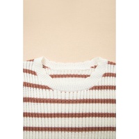 Khaki Stripe Scalloped Round Neck Short Sleeve Sweater - XL thumbnail