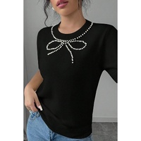Black Pearl Bow Necklace Embellished Short Sleeve Knitted T Shirt - L thumbnail