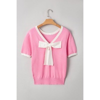 Bonbon Colorblock Bow V-Shape Cut Back Short Sleeve Sweater - L thumbnail