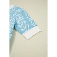 Sky Blue Contrast Floral Crewneck Short Sleeve Sweater - S thumbnail