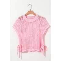 Pink Hollow-out Crochet Side Tied Short Sleeve Sweater - M thumbnail