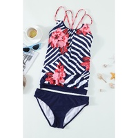 Fiery Red Floral Print Criss Cross Hollow-out Tankini Swimwear - M thumbnail