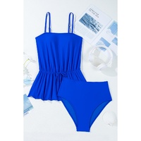 Dark Blue Bow Peplum Waist Spaghetti Straps Tankini Set - S thumbnail